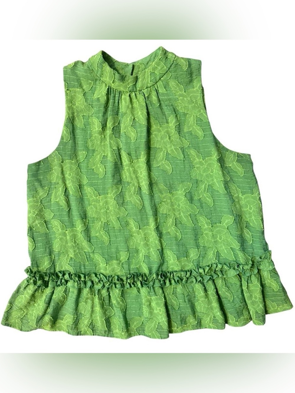 Maeve by Anthropologie Savannah Swing green floral high neck top with ruffles
